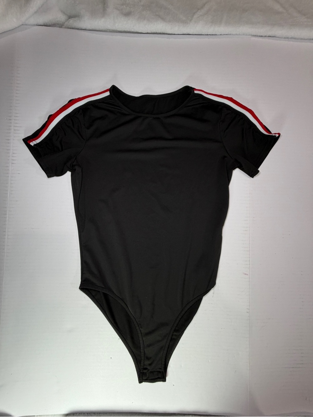 SHEIN Black Short-Sleeve Bodysuit with Red and White Shoulder Stripes